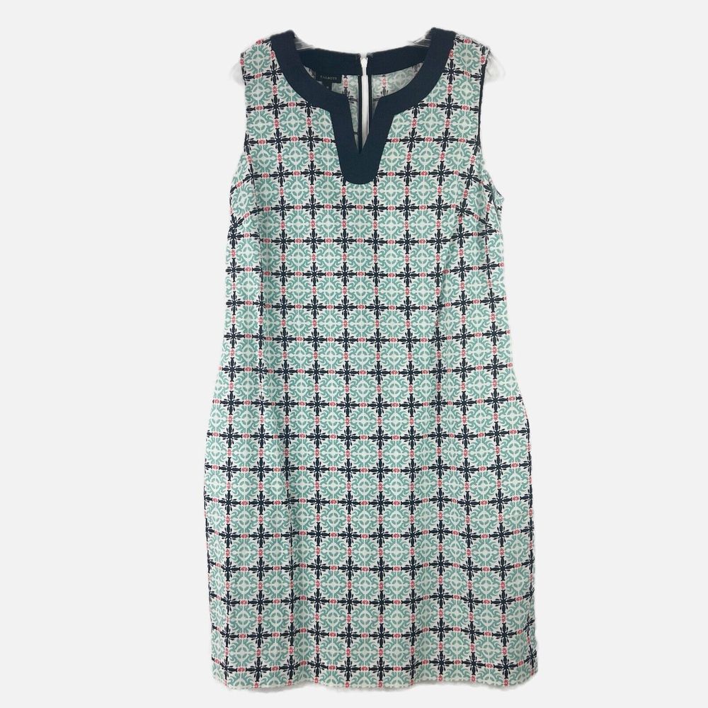 TALBOTS Preppy Spring Blue Geometric Ikat Sleeveless Linen‎ Tunic Dress Size 10